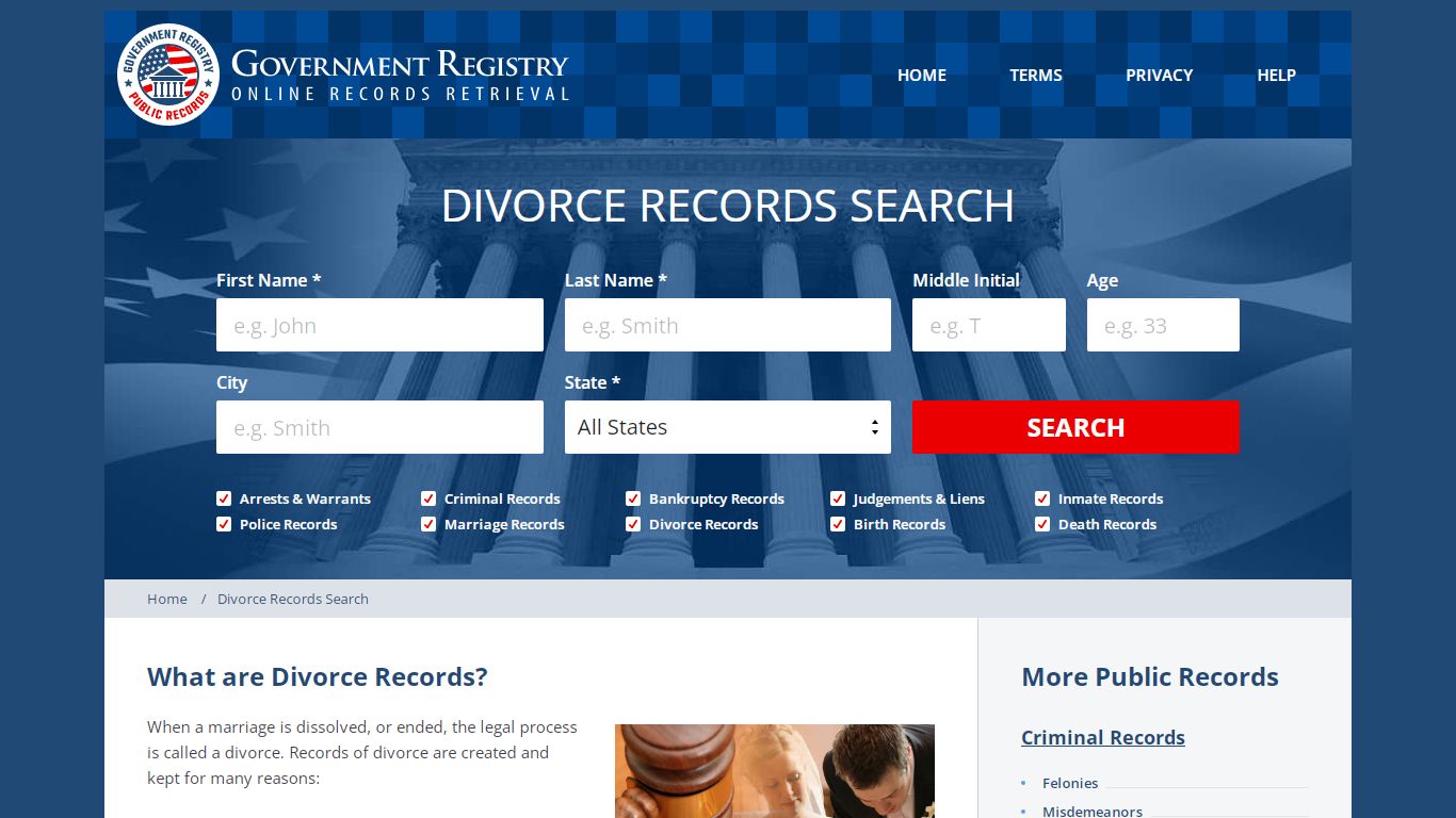 Divorce Records Search - GovernmentRegistry.Org